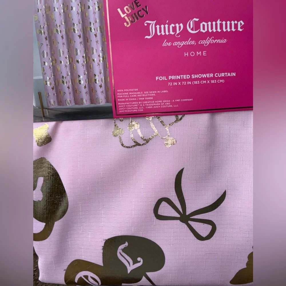 JUICY COUTURE Blush Pink & Metallic Gold Fabric Shower/Bathtub Shower Curtain